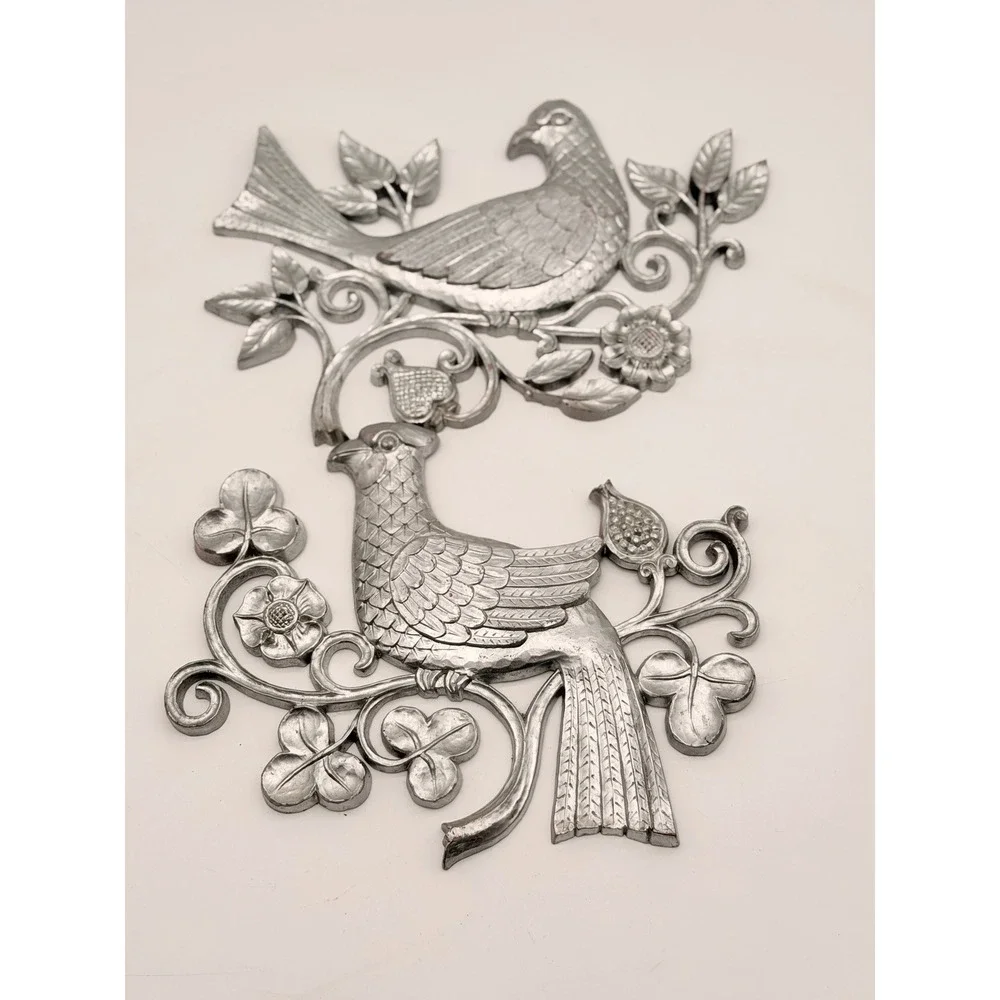 Vintage Silver Cast Metal Bird Wall Art Set of 2 MCM Regency Floral Decor